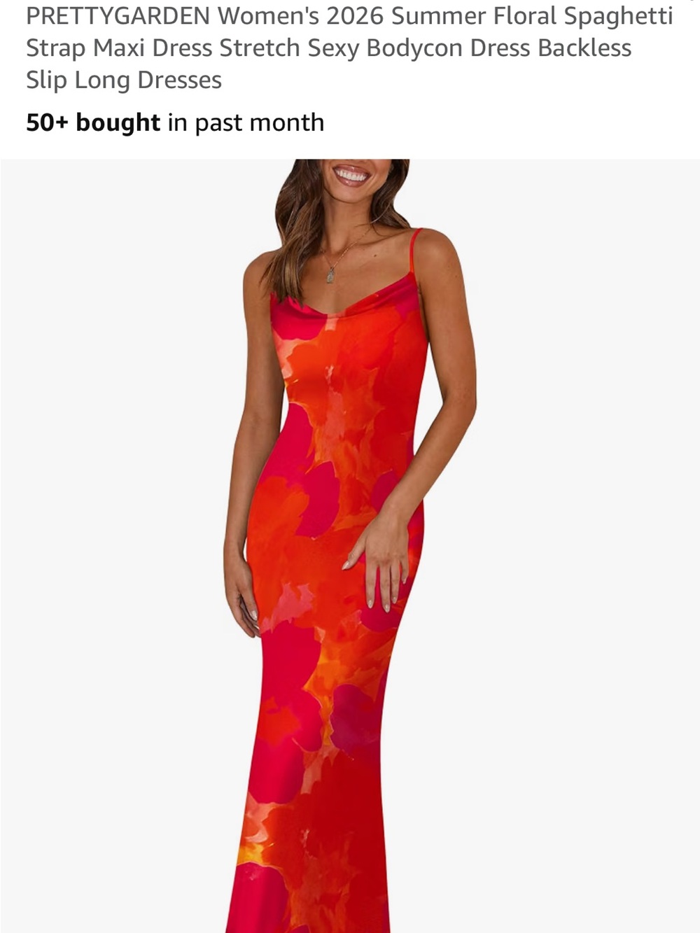 PrettyGarden Red Floral Spaghetti-Strap Maxi Dress